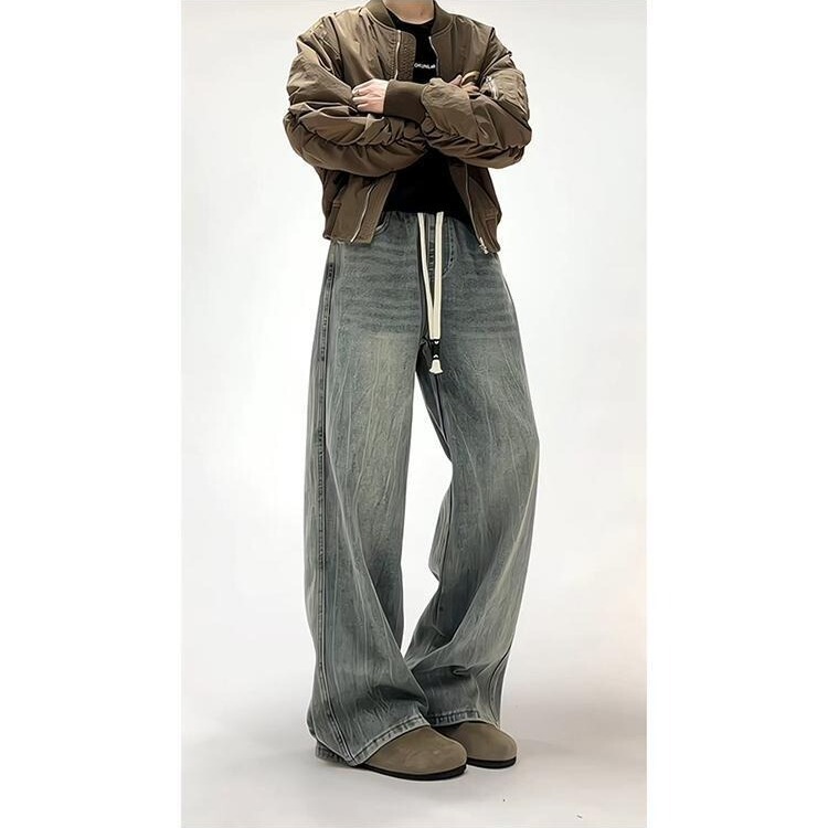 Trendy American-Style Washed Vintage Straight-Leg Jeans for Men, Retro Loose Drawstring Design, Slimming Casual Long Pants for Men
