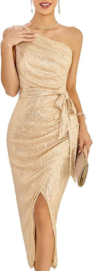 Vestido de lentejuelas de un solo hombro sin mangas para mujer Vestido cruzado brillante brillante Vestido de boda de cóctel con puntas abiertas