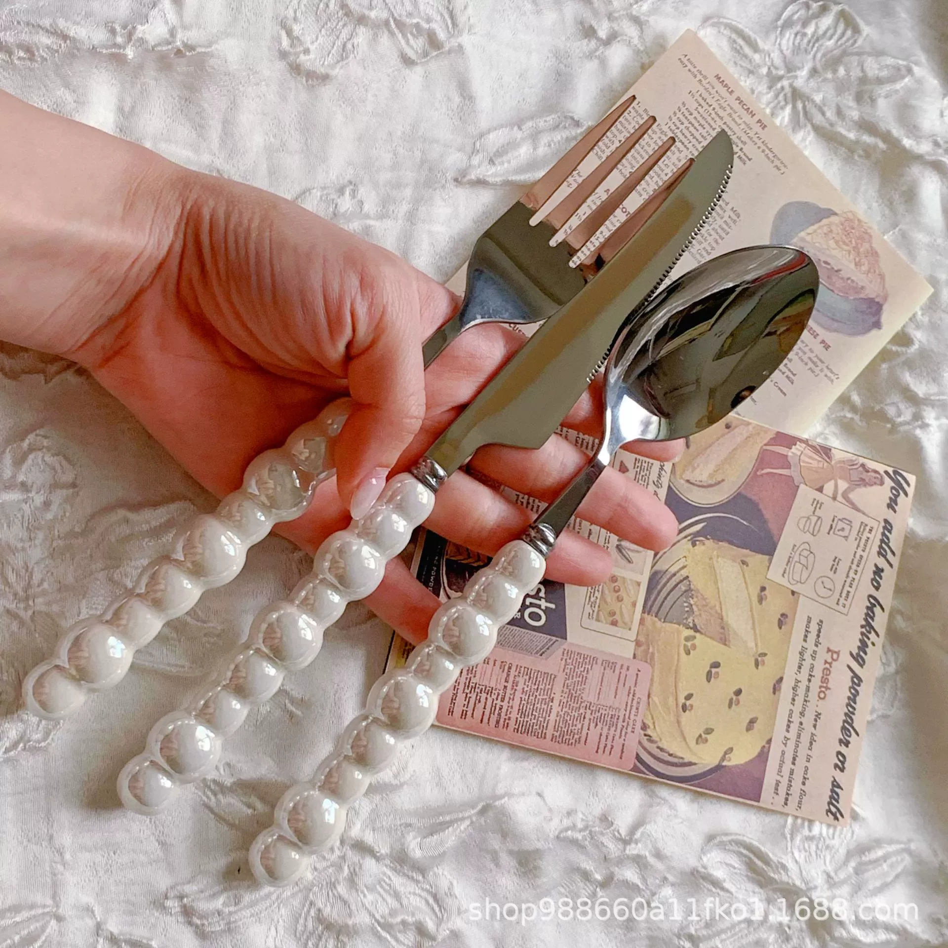 Ceramic tableware pearl stainless steel, set, spoon, fork, light luxury style, home decor