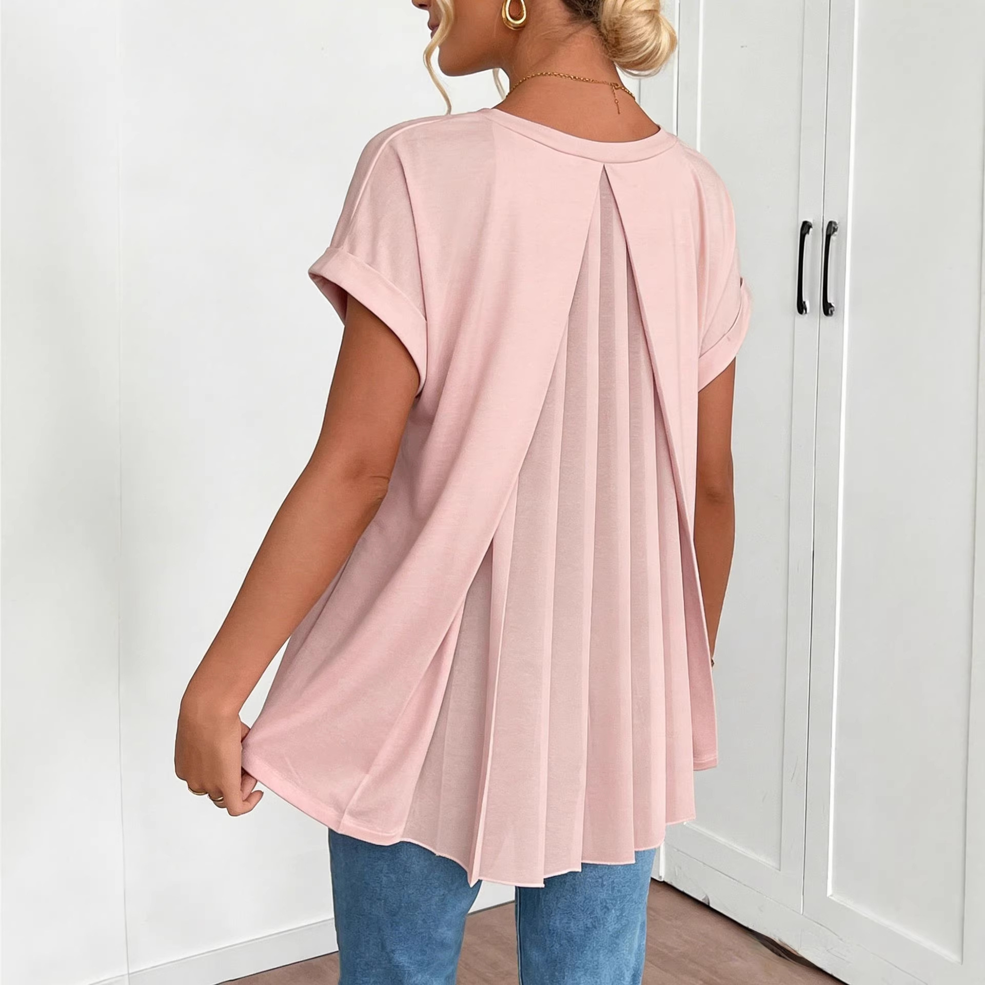 Women's Clothing Spring Women's Cross Border Top V Neck Short Sleeve Pleated Fashionable And Stylish Women's Clothing_ecoleips.com