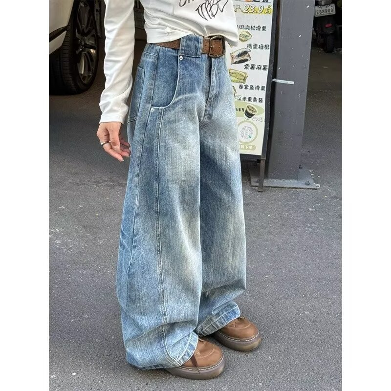 American Vintage Washed Slub Deconstructed Scimitar Jeans 여성용 가을과 겨울 2025 새로운 높은 허리 스트레이트 와이드 레그 팬츠