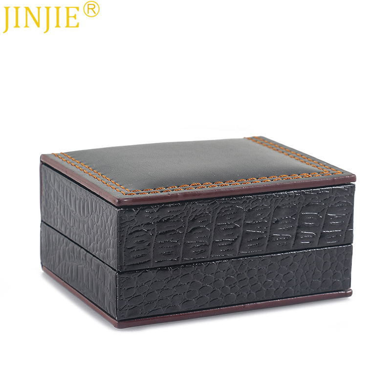 现货高档PU缝边袖扣盒 黑色塑料翻盖袖扣饰品盒批发cufflinks box