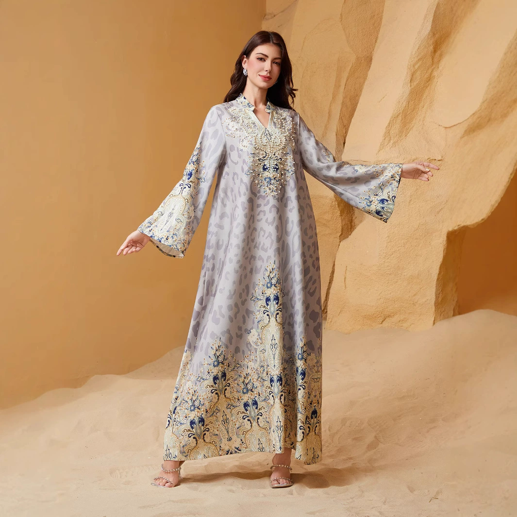 Популярное трансграничное ближневосточное платье-халат и длинное платье с леопардовым принтом и бисерными украшениями, арабское мусульманское платье-абайя.