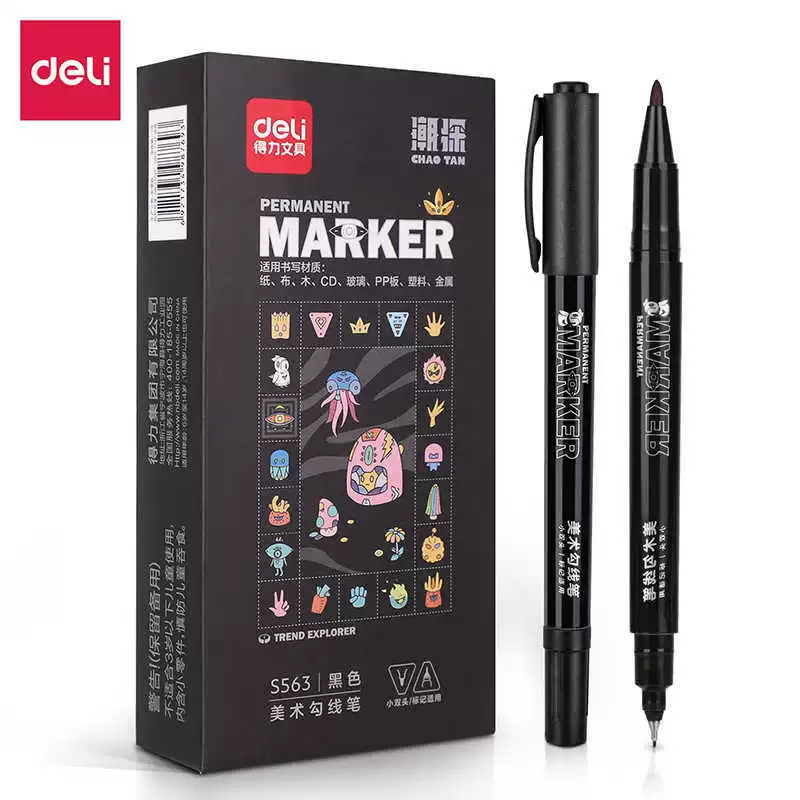 Ручка Deli S563 Art Liner (черная) для студентов, двойной наконечник для равномерного потока чернил, простая в использовании ручка-лайнер для художественного рисования.