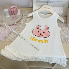 Korean Children's Summer 2024 New Arrival Girls' Rabbit T-Shirt Backless Dress Children's Stylish Cartoon Print Dress