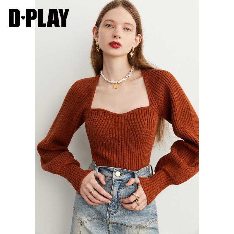 DPLAY2025秋季法式方领毛衣红色针织衫灯笼袖毛衣厚款上衣女|undefined