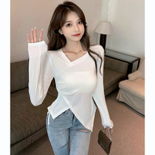 韩系纯欲辣妹不规则抽绳长袖T恤女设计感小众修身打底衫内搭上衣