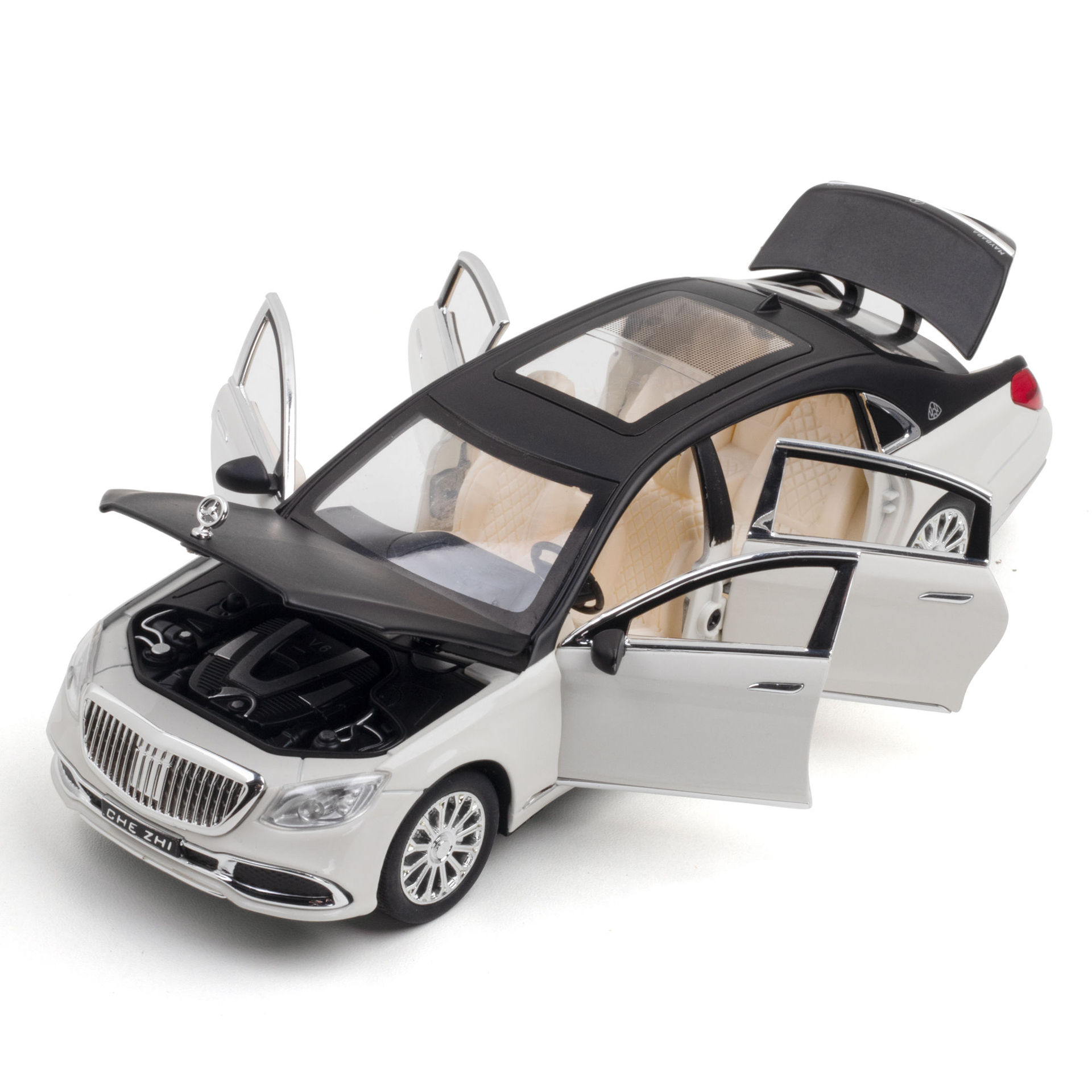 (Caja de espuma) Modelo de coche de juguete de aleación Maybach GLS600 a escala 1:24, seis puertas, con sonido, luz y música, de retroceso, coleccionable, adorno.