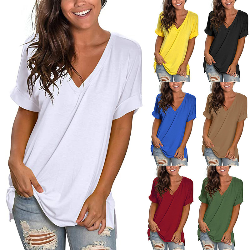 2025 European and American Summer V-Neck Solid Color Side Slit Short-Sleeve Loose T-Shirt Foreign Trade Amazon Women's Clothing European and American Hot Item