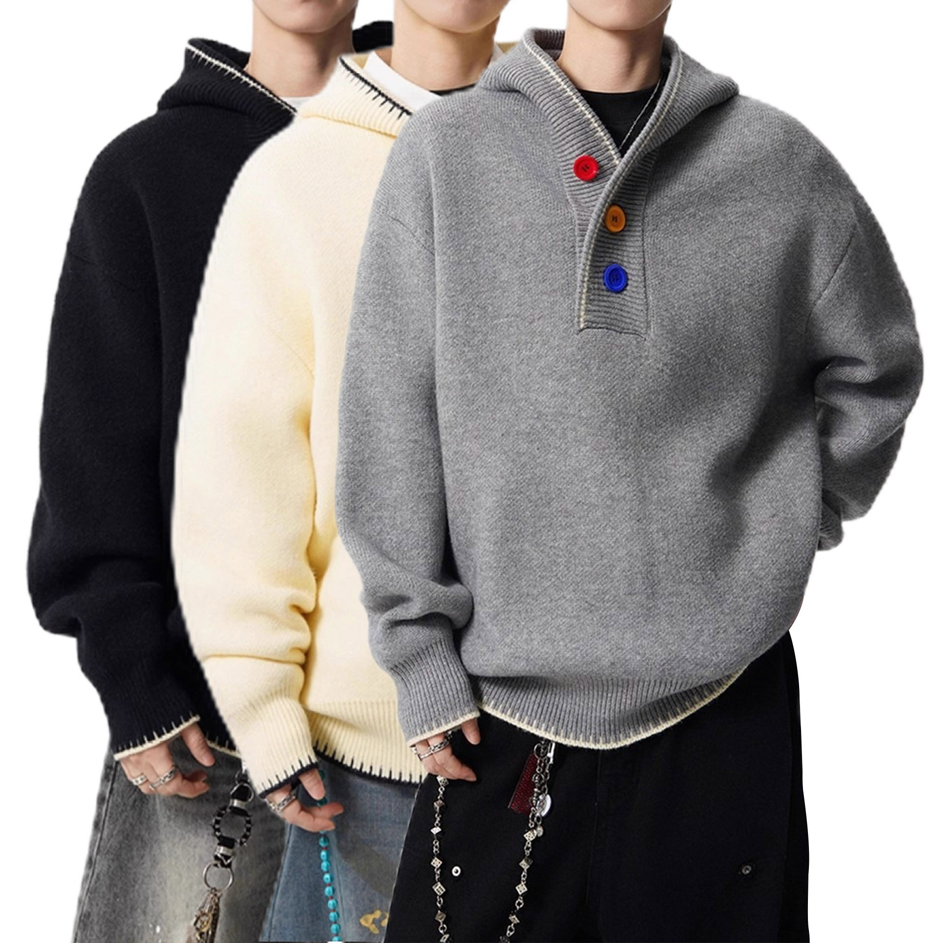 Explosiones transfronterizas europeas de tamaño grande encapuchado tricolor botones de color jersey suéter hombre Henry fábrica de marea al por mayor