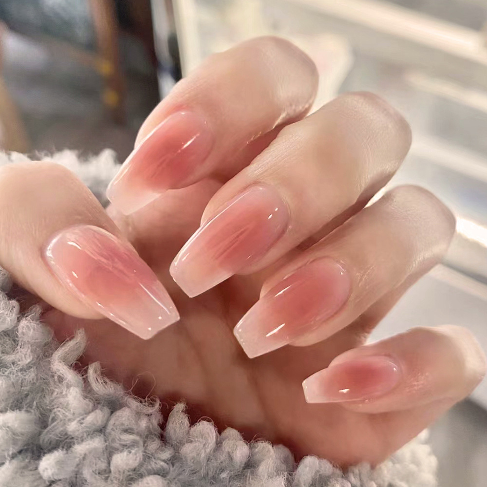 Color sólido polvo desnudo gradiente trapezoidal manicure puro deseo suave viento para usar uñas 24 piezas de parche de uñas falsas terminadas image 1