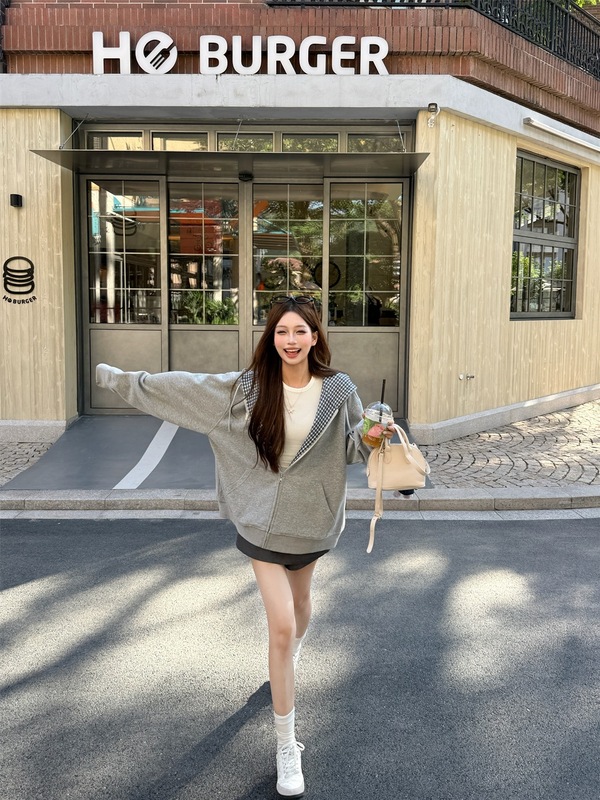 美式慵懒设计感撞色格子连帽卫衣外套女秋季宽松百搭开衫休闲上衣|undefined