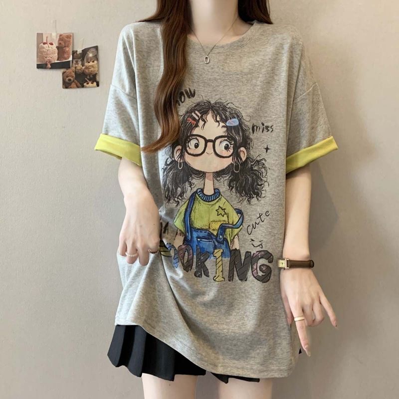 大きいサイズの対照的なカラーの漫画プリント半袖 T シャツ女性のための夏 2025 新しいファット mm ルーズ痩身ファッショナブルなトップス女性のための|undefined