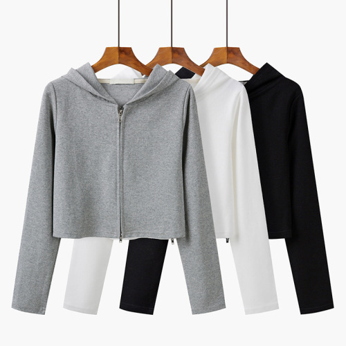 Women's Hooded Short-Sleeve Sweatshirt with Double-Zipper, Slim Fit, Discreet Color, Korean Style, Hooded Open Jacket, Fashionable and Stylish