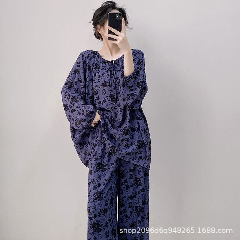 女性用パジャマ、春と秋の長袖人工綿シルク、国民風プリント、ゆったりとした大きいサイズの綿シルクホーム服セット、薄手|undefined