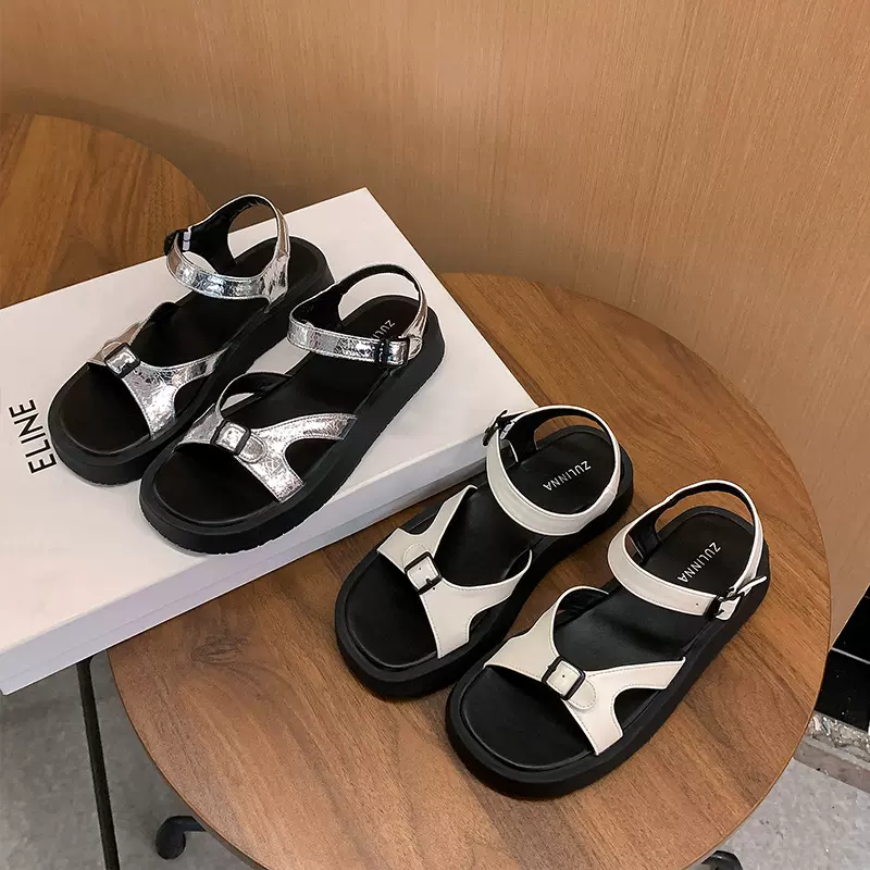 葡萄妈studiolee露丝同款~时髦方圆头外穿露趾厚底扣带罗马风凉鞋