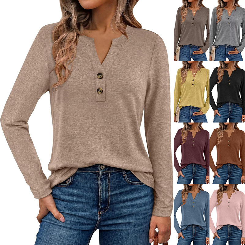 Amazon's Hot-Selling 2026 Spring and Autumn Women's Long-Sleeved V-Neck Shirt European and American Cross-Border Home Business Casual Tops for Women