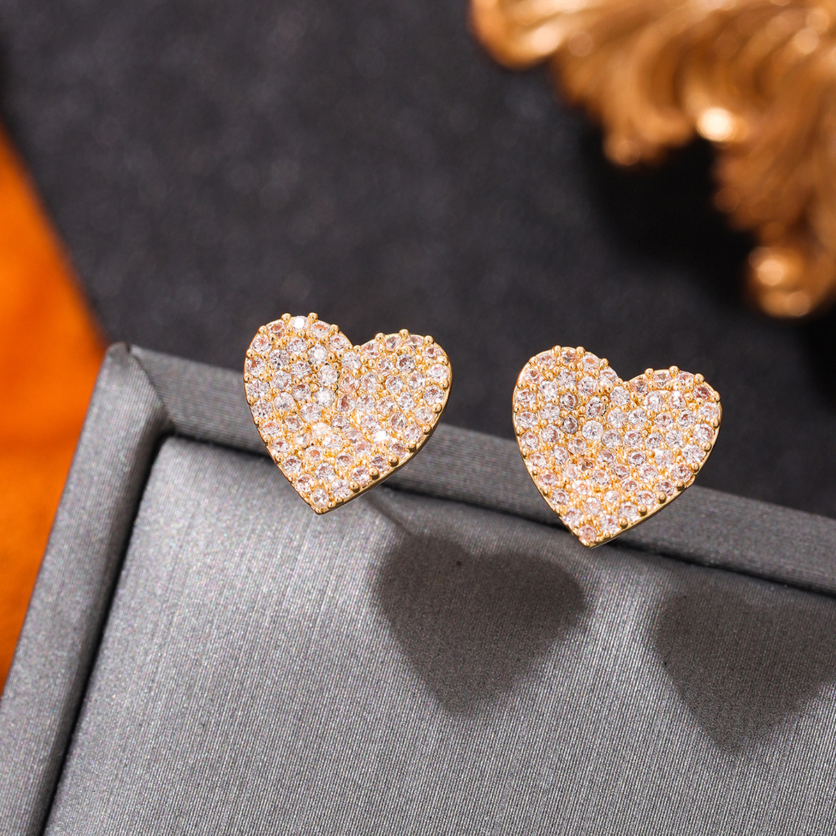 Rhinestones Inlay Material IG Style Heart Shape Plating Inlay Copper Rhinestones Ear Studs