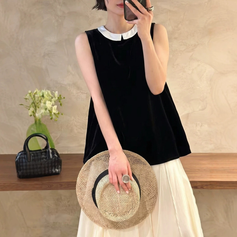 Silk Velvet Top with Acetate White Doll Collar, Youthful and Slimming French-Style Light Luxury Vest Blouse 35 Silk Velvet Top with Acetate White Doll Collar, Youthful and Slimming French-Style Light Luxury Vest Blouse 35