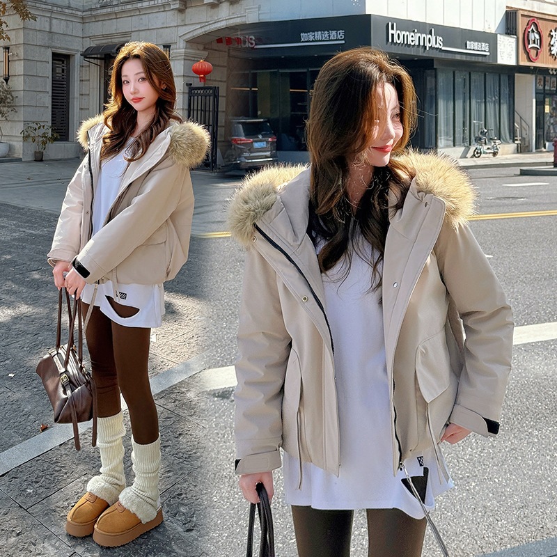 2026连帽棉服外套女大毛领短款新款冬季韩系小个子加厚工装派克服