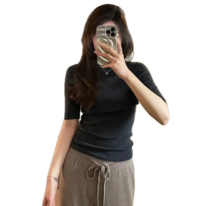 洋气修身五分袖打底衫女2025秋季新款半高领羊毛中袖针织衫女上衣|undefined