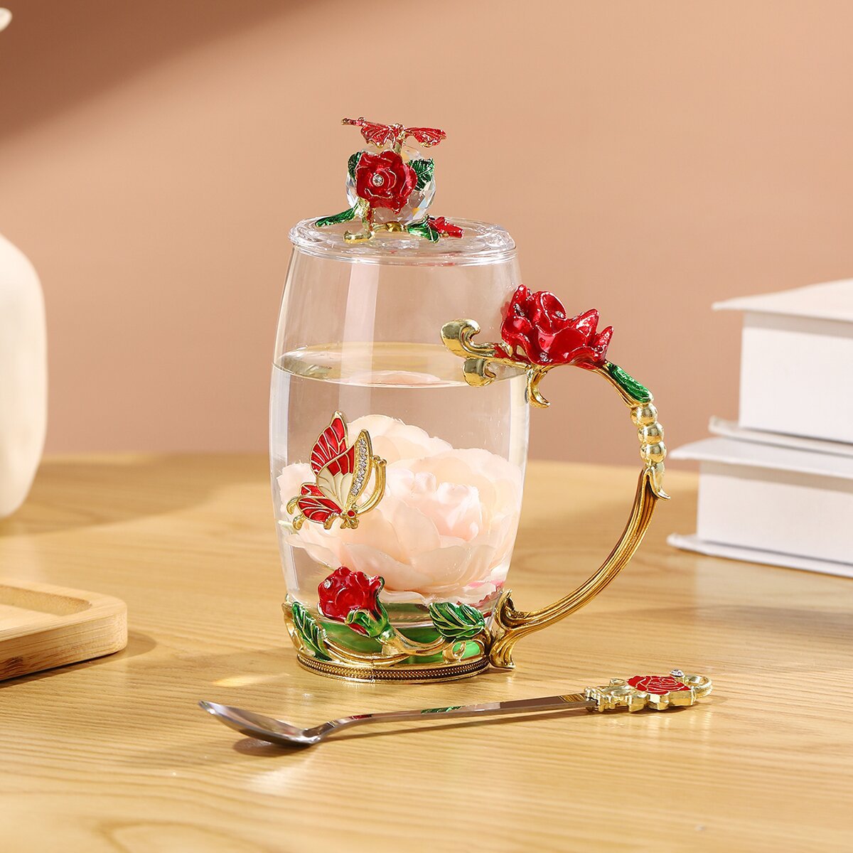 Taza de té con cubierta de flores creativa sala de estar taza de agua de desayuno de lujo taza de leche de esmalte de color taza de café de mujer taza de vidrio casero