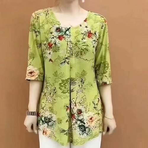 2025 Spring Summer Kun Mom Printed Women's Top Loose Matchy Matchy Middle-Aged Base Shirt Top
