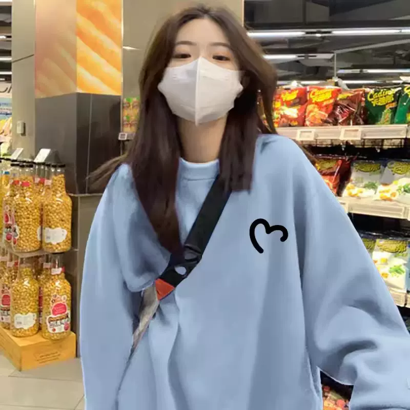 蓝色美式复古印花加厚加厚卫衣女春秋oversize慵懒风圆领长袖上衣