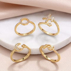 速賣通跨境熱銷鑲鋯石戒指女小眾設計鍍金月亮飛機開口指環ris82