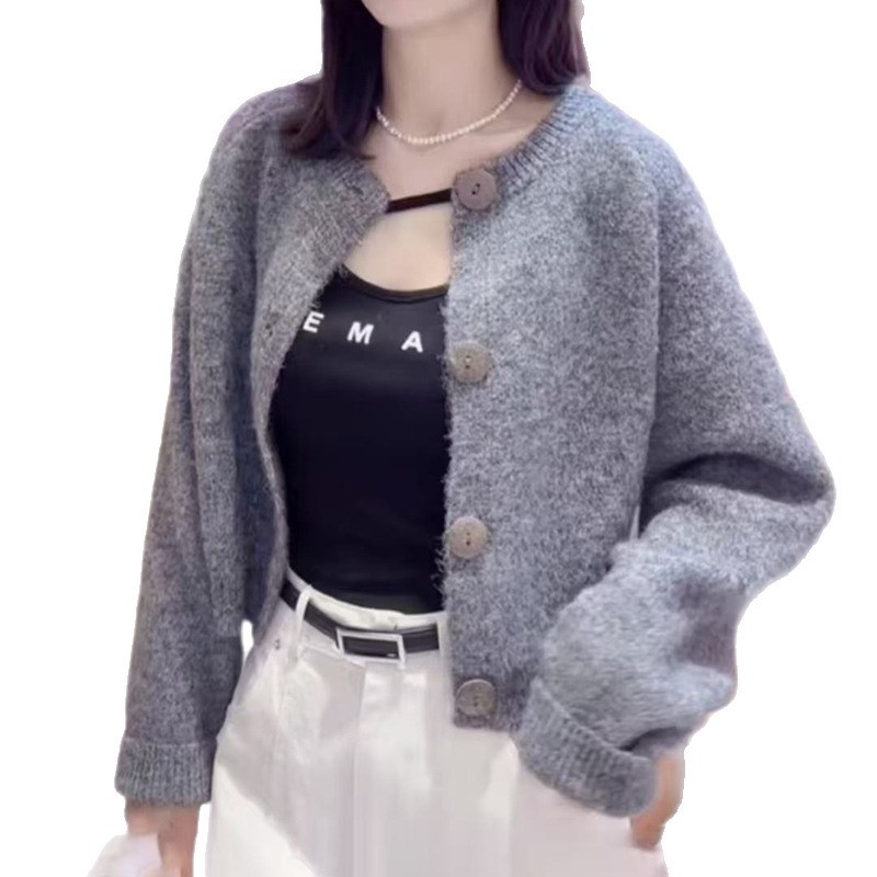 Retro de cuello redondo de punto para mujeres 2025 otoño y invierno nuevo estilo coreano camiseta de punto perezosa chaqueta suéter de color sólido chaqueta image 6