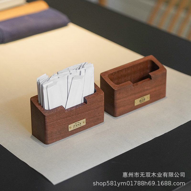 Vintage Japanese-style wooden toothpick holder and dental floss tube with brass logo, high-end restaurant toothpick storage box and cotton swab box