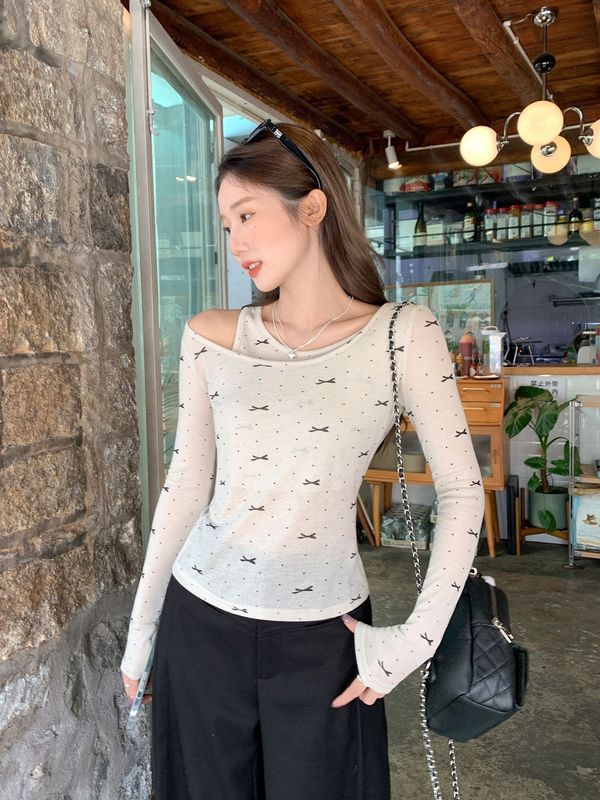 秋装假两件蝴蝶结波点印花设计感内搭长袖T恤女2025修身内搭上衣|undefined