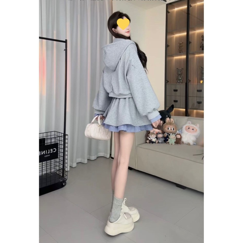 灰色卫衣套装女2025新款早秋学院风宽松休闲小个子半身裙两件套潮|undefined