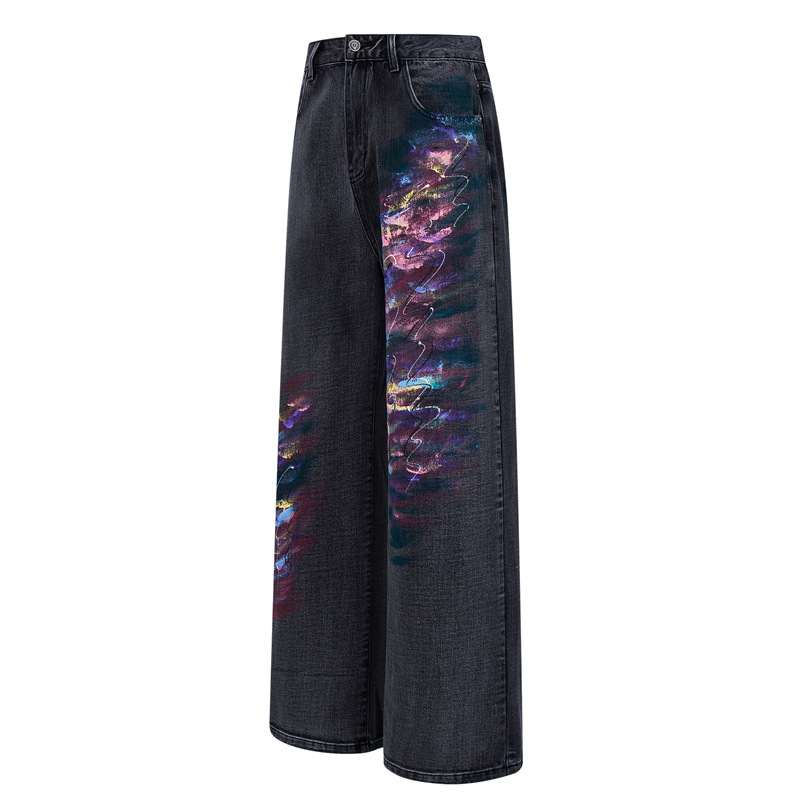 Men's Distressed Straight Leg Jeans Artistic Street Style Black Gray Oil Painting Pattern Casual Normcore mid Waist Zipper Fly_mkmklike.com