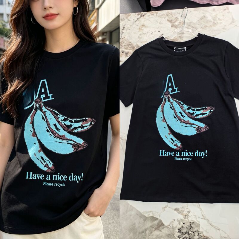 2026 Summer New Niche Designer Letter Banana Print Round Neck Pure Cotton Vintage Loose Short-Sleeve T-Shirt for Women