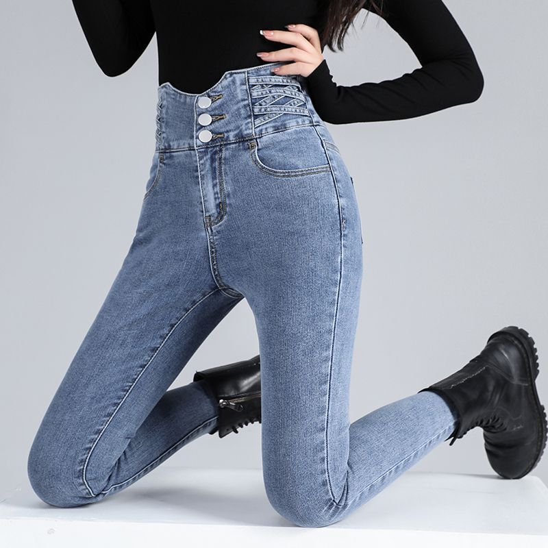 High-Quality Fabric Ultra-High-Waisted Tummy Control Women's Jeans with Three Buttons, Slim Fit, Stretchy, Stylish, Outerwear, Long Skinny Pants for Women