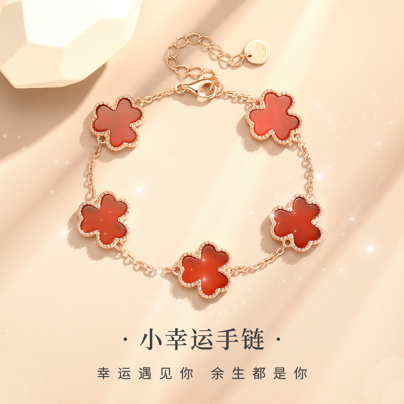 Ferris Wheel Original New Chinese S925 Sterling Silver Jewelry Five-flower Clover Bracelet Women's All-match High-grade Red Agate