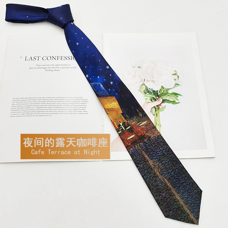 Van Gogh Pintura al óleo Hombre Impresión de seda de poliéster Corbata retro Fabricante Spot Moda Casual Corbata Mano 8cm