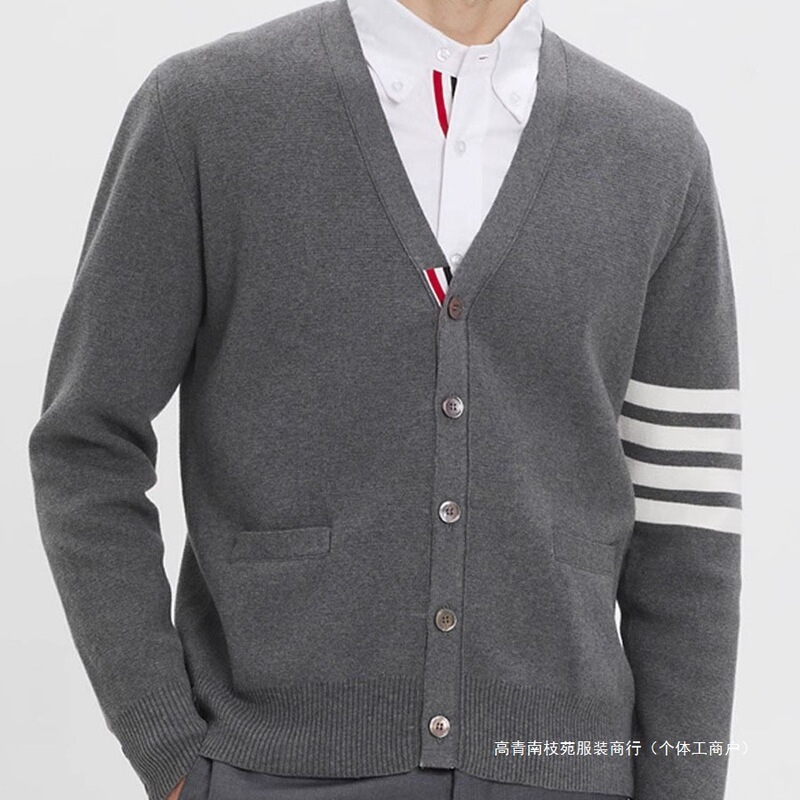 Sweater Men's Fashion Trendy New Classic Short-Sleeved Stripesd V Neck Cardigan Thick Couple Knitted Jacket White Cotton