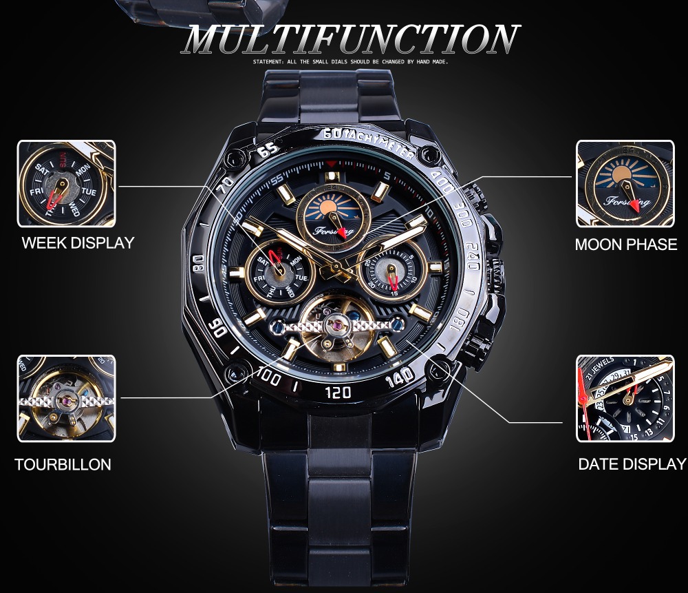 Men's Mechanical Watch Automatic Tourbillon Moon Phase Steel Band_voghion.com