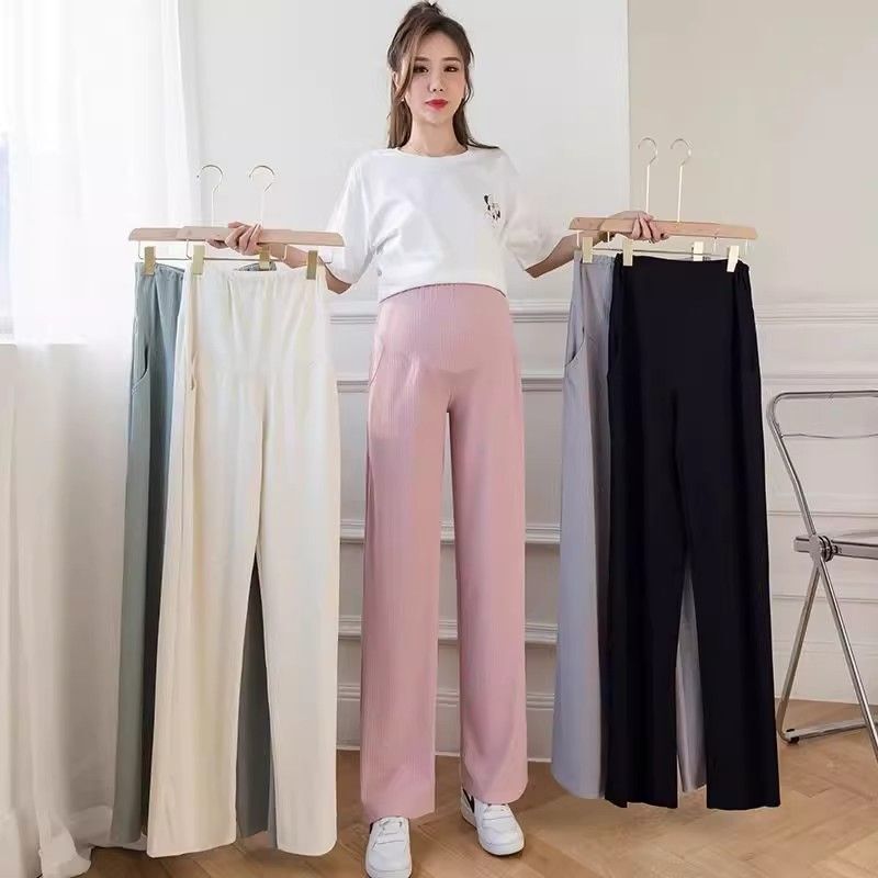 Maternity Wear Korean Style Summer Ice Silk Breathable and Cool Adjustable Pregnant Mommy Going Out Trendy Work Clothing Belly Support Wide Leg Pants