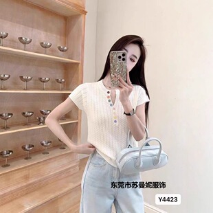 2025 Korean Style Colorful Button Collar Wool Knitwear Women's Short-Sleeved Summer New Age-Reducing Fashion Versatile Slimming Look Top