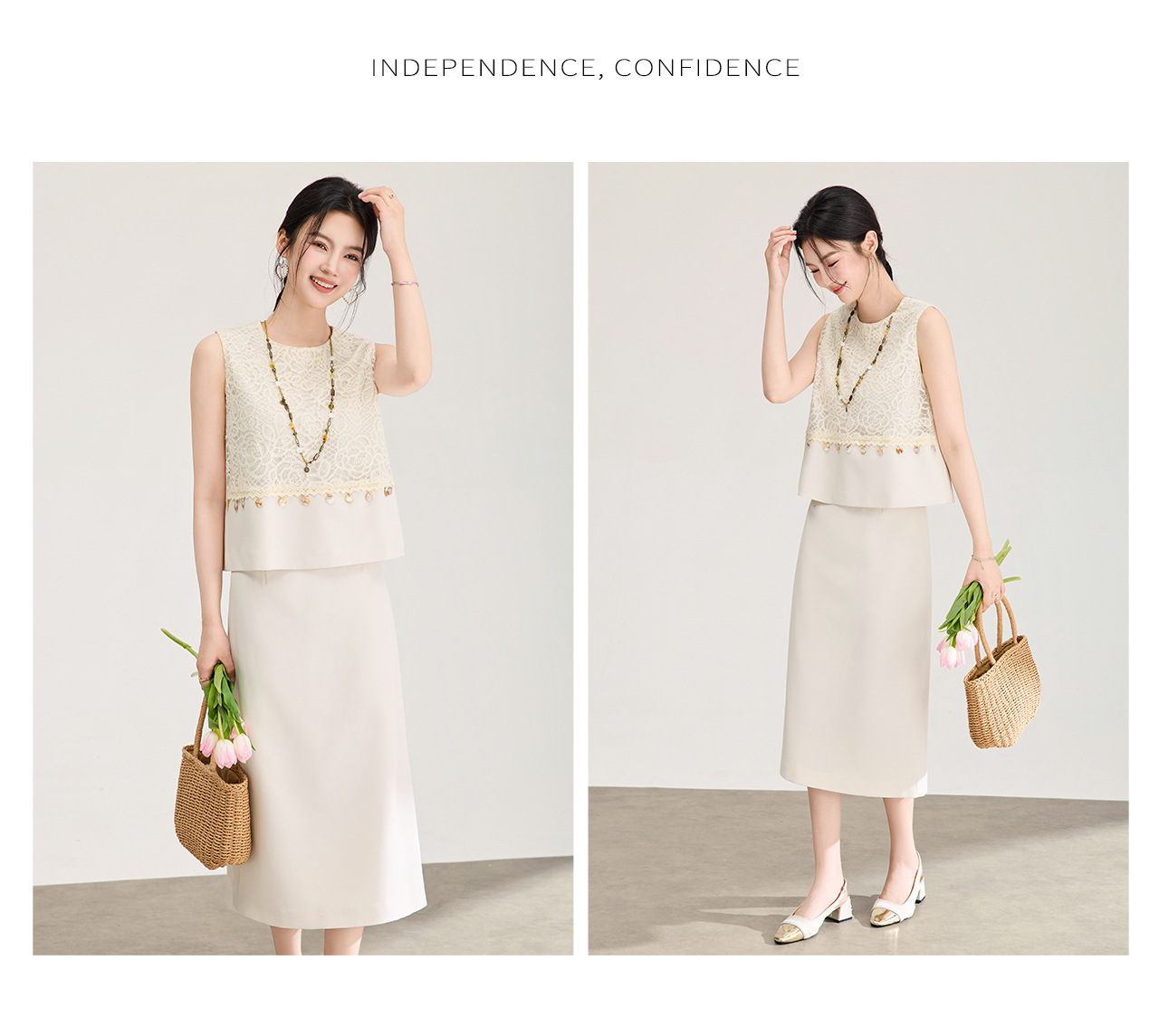 Set áo vest không tay ren thêu + chân váy midi nữ tính mùa hè — màu mơ chi tiết 13