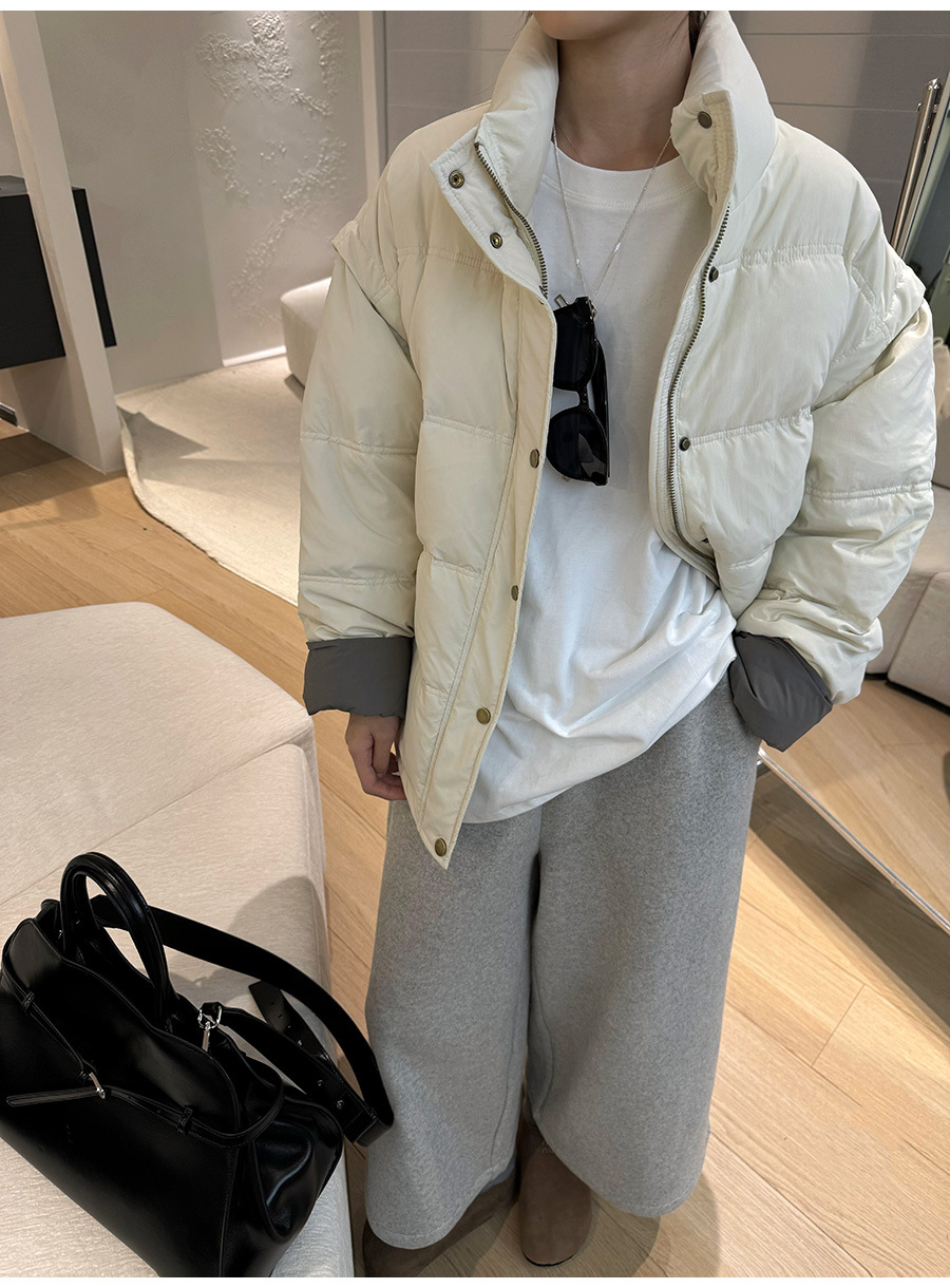 黎诺韩系休闲拼色白鸭绒羽绒服女2024冬季新款立领宽松面包服外套详情4