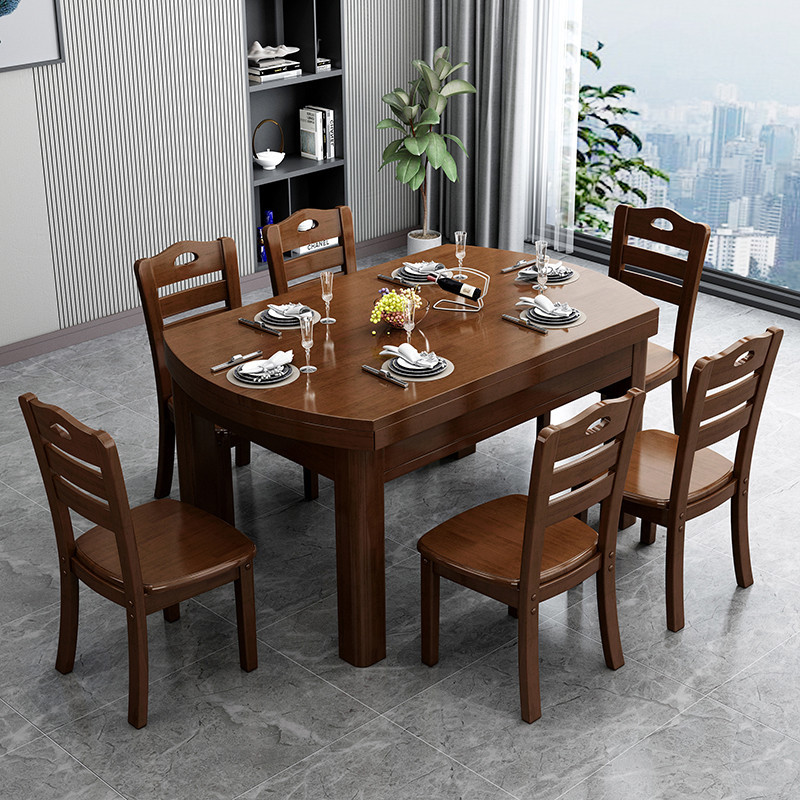 Solid Wood Dining Table and Chair Combination Set Jumping Platform Telescopic Foldableing Small Apartment Canteen Restaurant Dining Table Chinoiserie Furniture