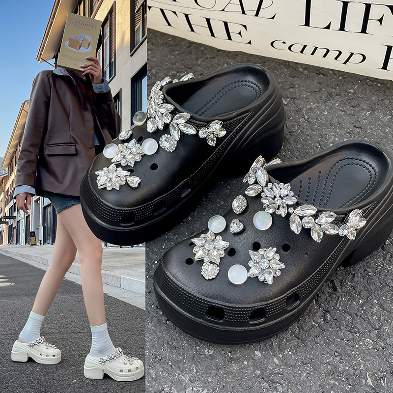 Mermaid Hole Shoes Women's High-end Rhinestone Summer New Thick Sole Thick Heel Height-increasing Wedding Shoes Sliding Baotou Slippers