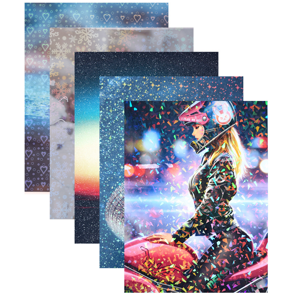 Vidrio láser holográfico roto superficie lisa estrella melocotón corazón A4 reloj frío película de laminación adhesivo autoadhesivo foto estudio película protectora