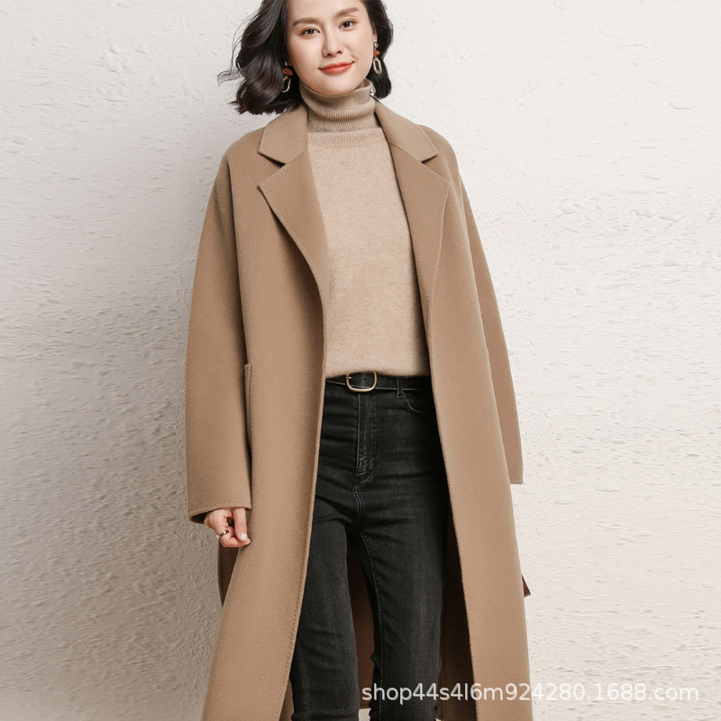 Simple and Elegant Wool Coat, Solid Color Outerwear, 2024 Mid-Length Silhouette Coat, Women's Plus Size Double-Sided Nylon Outerwear