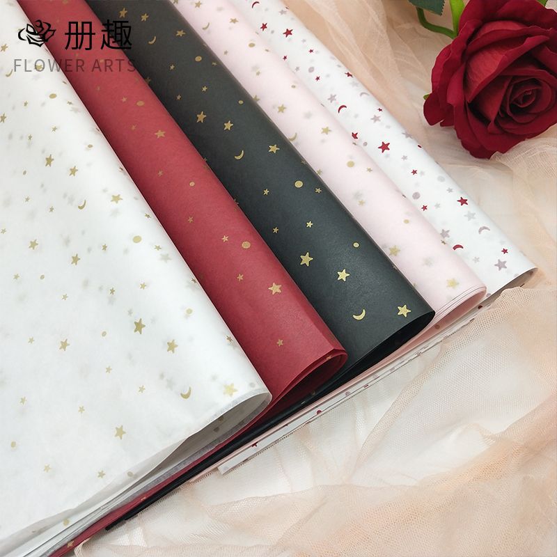 Papel de forro floral nuevo con estampado dorado, papel de pera con estrellas y luna, papel para envolver ramos, materiales de embalaje de alta gama para floristerías y flores frescas