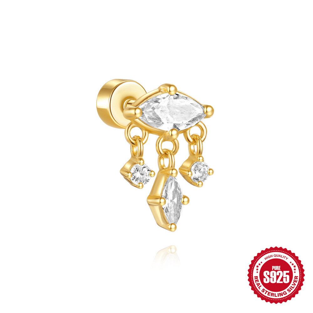 2024 nuevo s925 plata de ley estrella luna flor corona borla brillante personalidad cabeza plana hilo perforador oreja clavo